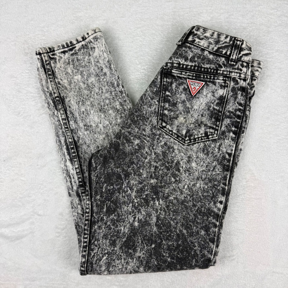 Vintage Guess Acid Wash High Waisted Tapered Leg Jeans Black White Denim 28x29.5